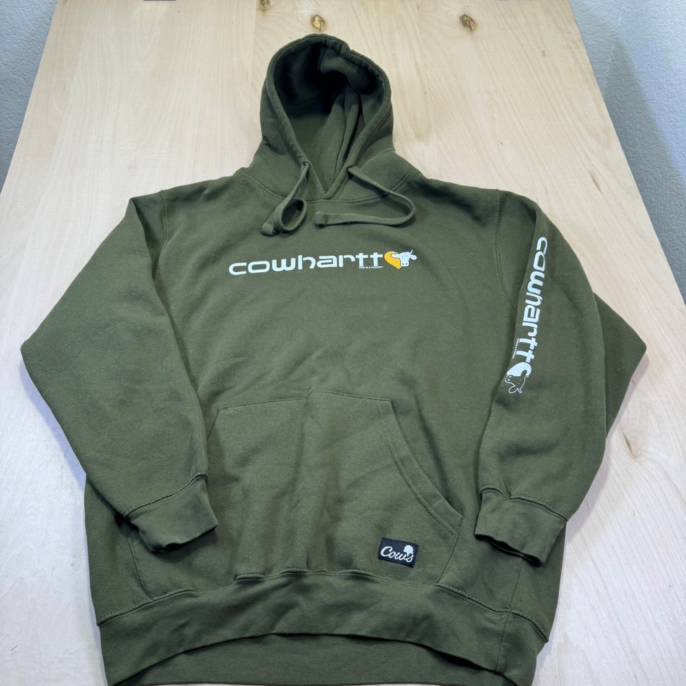 Cowhartt Adult Hoodie  Pullover Green Cow Print Logo Size L‎ Cotton Sweatshirt